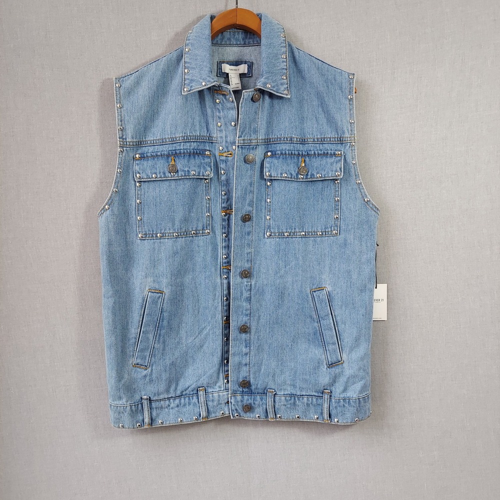 Y2K Studded Denim Vest Womens S Moto Biker Festival Streetwear Layering Rocker